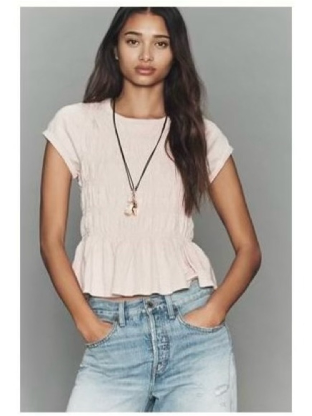 Pilcro Light Pink Smocked Peplum Crop Top